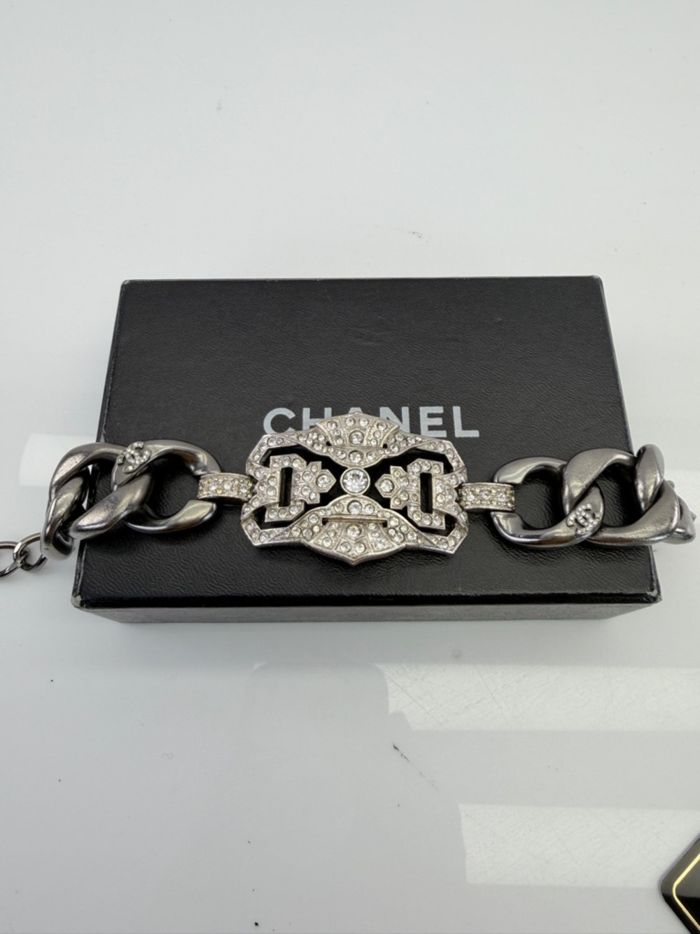 CHANEL Ruthenium Gunmetal and Crystal Art Deco Bracelet with CC Charm - Picture 12 of 14